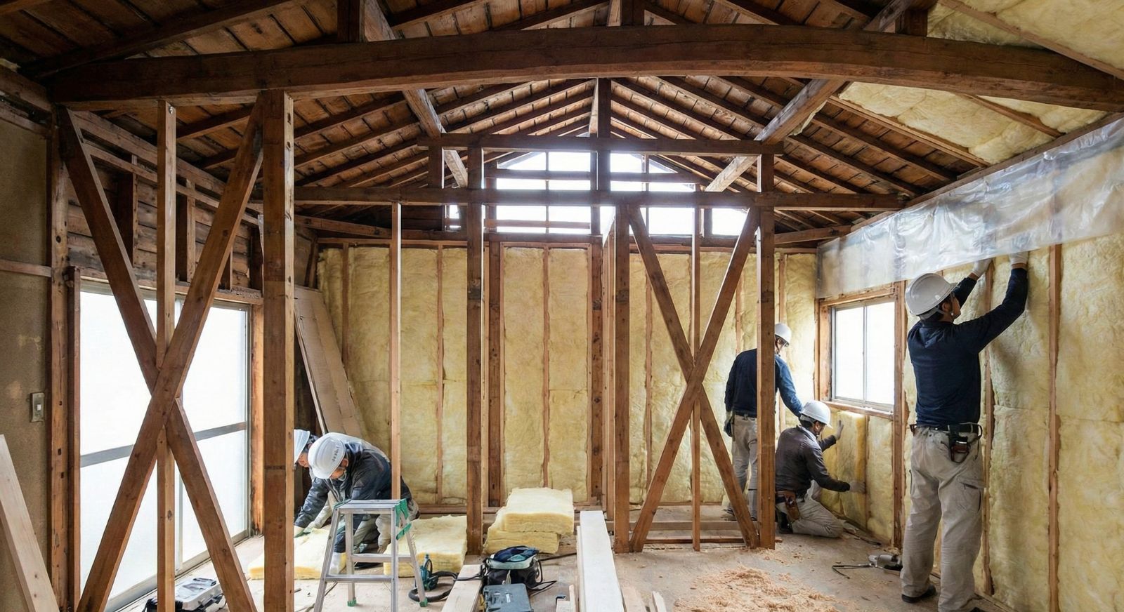 家の骨組みを残して断熱材を入れている工事の様子